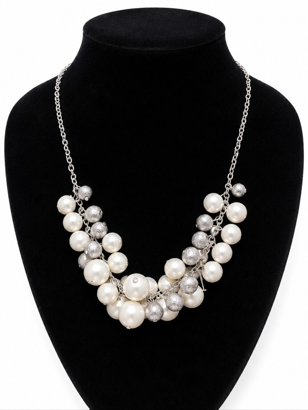 Massini Silver Tone Faux Pearl Statement Necklace Elegant Cluster Bib Fashion